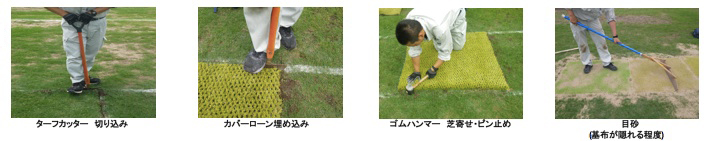 ターフカッター切り込み・カバーローン埋め込み・ゴムハンマー芝寄せ・ピン止め・砂目